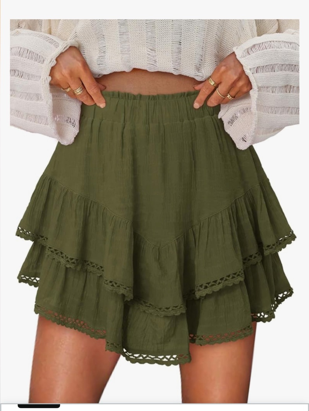 Women's Olive Tiered Ruffle Skort - Elastic High Waist tennis summer shorts XXL